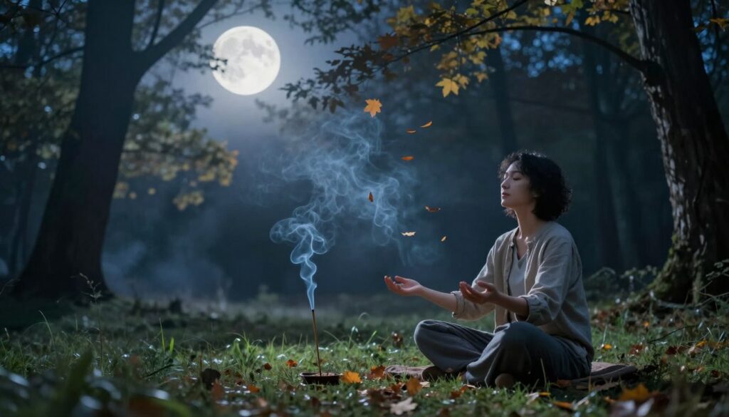 A serene scene set during the waning moon, casting a soft silver light over a tranquil forest clearing. In the foreground, a person in modest casual clothing sits cross-legged on a peaceful patch of grass, eyes closed, practicing mindfulness as they release negative energy into the moonlight. Their hands are positioned palms up, surrounded by gently falling autumn leaves that symbolize transformation. In the middle, delicate wisps of smoke rise from a smoldering incense stick, blending into the ethereal moonlight. The background features tall, shadowy trees, softly illuminated with moonbeams filtering through the branches, creating an atmosphere of calm and introspection. The lighting is gentle and diffused, evoking a peaceful, contemplative mood with cool blues and silvers dominating the color palette.