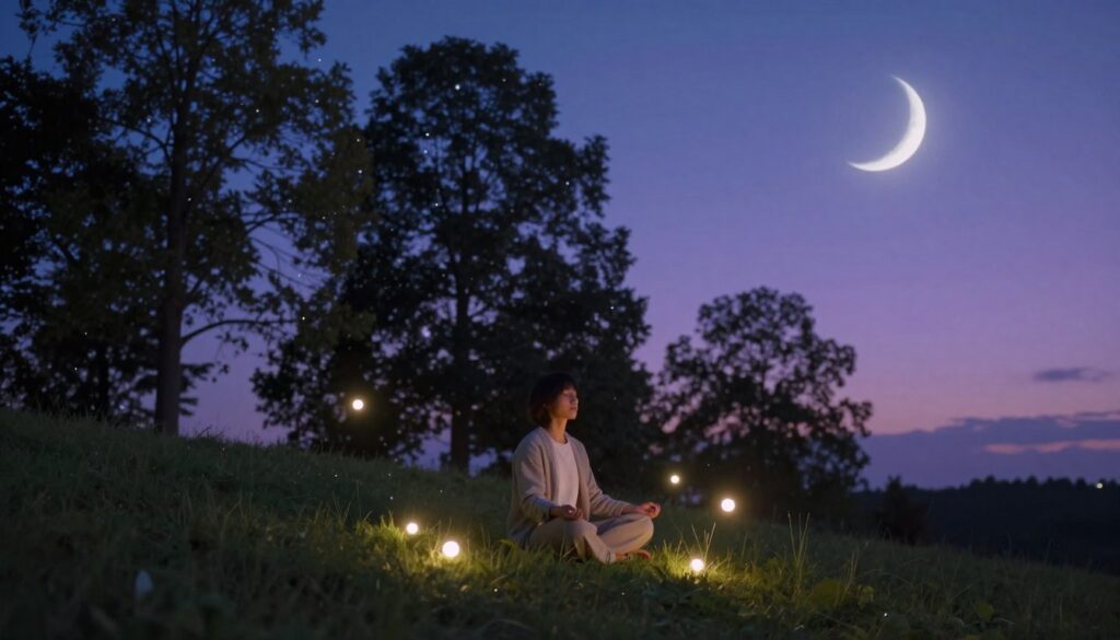 A serene scene set under a twilight sky, showcasing a crescent new moon glowing softly. In the foreground, a peaceful figure sits cross-legged on a grassy hill, wearing comfortable and modest attire, eyes closed in meditation. Surrounding them are glowing orbs of light representing affirmations, floating gently in the air, each representing a positive intention. The middle ground features silhouettes of tall trees, their leaves rustling softly in the night breeze, while the background displays a cascade of twinkling stars against a deep blue and purple sky. The overall mood is calm and reflective, evoking a sense of renewal and hope. Soft, diffused lighting creates a magical atmosphere, with the angle capturing both the figure and the celestial elements harmoniously. A serene scene set under a twilight sky, showcasing a crescent new moon glowing softly. In the foreground, a peaceful figure sits cross-legged on a grassy hill, wearing comfortable and modest attire, eyes closed in meditation. Surrounding them are glowing orbs of light representing affirmations, floating gently in the air, each representing a positive intention. The middle ground features silhouettes of tall trees, their leaves rustling softly in the night breeze, while the background displays a cascade of twinkling stars against a deep blue and purple sky. The overall mood is calm and reflective, evoking a sense of renewal and hope. Soft, diffused lighting creates a magical atmosphere, with the angle capturing both the figure and the celestial elements harmoniously.