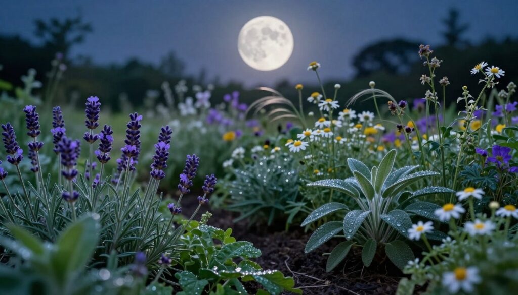 A serene scene under a luminous full moon, casting a silvery glow on an enchanting herb garden. In the foreground, rich green foliage with vibrant herbs like lavender, chamomile, and sage is artfully arranged. The middle ground shows delicate wildflowers swaying gently in a soft breeze, while the background features the silhouette of distant trees under the starlit sky. The moonlight accentuates the dewdrops on the leaves, reflecting a mystical aura. The lighting is soft and ethereal, with a focus emphasizing the herbs, creating a tranquil mood that invokes a sense of nourishment and energy from the full moon. Capture this scene from a slightly elevated angle to encompass the garden's depth.