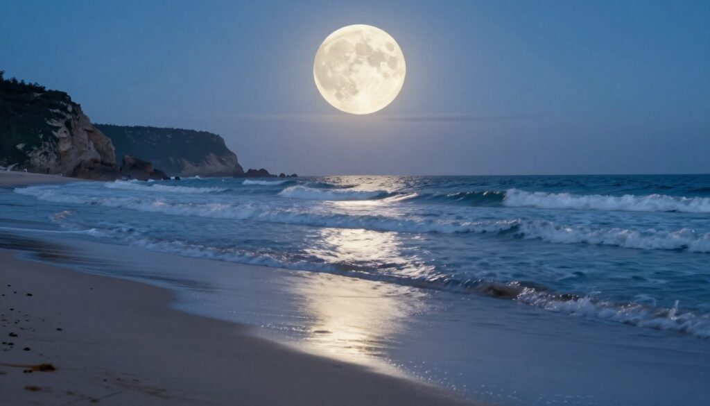 A serene seaside landscape under the enchanting glow of a large, luminous Harvest Moon, casting silvery reflections on gently undulating tides. In the foreground, soft, sandy shores glisten as the moonlight kisses the water's edge, creating a tranquil ambiance. Midway, the rolling waves, subtly illuminated by the moon, dance rhythmically, revealing the essence of the moon's pull on the tides. In the background, rugged cliffs rise against a starlit sky, enhancing the natural beauty of the scene. The atmosphere exudes calm and tranquility, with cool blues and soft whites dominating the color palette. Capture this peaceful moment from a low angle to emphasize the moon's grandeur and its connection to the ocean below, using soft, diffused lighting to create a dreamlike quality. A serene seaside landscape under the enchanting glow of a large, luminous Harvest Moon, casting silvery reflections on gently undulating tides. In the foreground, soft, sandy shores glisten as the moonlight kisses the water's edge, creating a tranquil ambiance. Midway, the rolling waves, subtly illuminated by the moon, dance rhythmically, revealing the essence of the moon's pull on the tides. In the background, rugged cliffs rise against a starlit sky, enhancing the natural beauty of the scene. The atmosphere exudes calm and tranquility, with cool blues and soft whites dominating the color palette. Capture this peaceful moment from a low angle to emphasize the moon's grandeur and its connection to the ocean below, using soft, diffused lighting to create a dreamlike quality.