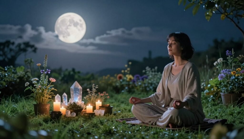 A serene setting depicting a tranquil, moonlit garden at night, illuminated by soft, ethereal light. In the foreground, a person sitting cross-legged on a lush, grassy patch, dressed in comfortable, modest clothing, is meditating with closed eyes, a peaceful expression on their face. In the middle ground, crystals and candles are arranged harmoniously, surrounded by herbs and flowers, symbolizing various manifestation techniques. The background features a shimmering full moon partially hidden by wispy clouds, casting a gentle glow over the scene. The atmosphere is calm and reflective, evoking a sense of connection with lunar energy and the universe. The image should be framed with a dreamy focus, capturing the essence of inner peace and mindfulness. A serene setting depicting a tranquil, moonlit garden at night, illuminated by soft, ethereal light. In the foreground, a person sitting cross-legged on a lush, grassy patch, dressed in comfortable, modest clothing, is meditating with closed eyes, a peaceful expression on their face. In the middle ground, crystals and candles are arranged harmoniously, surrounded by herbs and flowers, symbolizing various manifestation techniques. The background features a shimmering full moon partially hidden by wispy clouds, casting a gentle glow over the scene. The atmosphere is calm and reflective, evoking a sense of connection with lunar energy and the universe. The image should be framed with a dreamy focus, capturing the essence of inner peace and mindfulness.