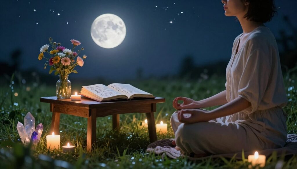 A serene setting depicting love manifestation techniques under a waxing moon. In the foreground, a person sits cross-legged on a soft, green grass patch, wearing modest, comfortable clothing, meditating with a serene expression. Around them, vibrant crystals and candles create a cozy ambiance, glowing softly in the moonlight. In the middle ground, a small wooden table displays an open journal with beautifully penned affirmations and a bouquet of fresh flowers, symbolizing love. In the background, the night sky showcases a luminous waxing moon surrounded by twinkling stars, casting a gentle light over the scene. The atmosphere is calm and enchanting, evoking feelings of hope and positivity. Use soft lighting to enhance the tranquil mood, with a slight bokeh effect to draw focus on the foreground elements. A serene setting depicting love manifestation techniques under a waxing moon. In the foreground, a person sits cross-legged on a soft, green grass patch, wearing modest, comfortable clothing, meditating with a serene expression. Around them, vibrant crystals and candles create a cozy ambiance, glowing softly in the moonlight. In the middle ground, a small wooden table displays an open journal with beautifully penned affirmations and a bouquet of fresh flowers, symbolizing love. In the background, the night sky showcases a luminous waxing moon surrounded by twinkling stars, casting a gentle light over the scene. The atmosphere is calm and enchanting, evoking feelings of hope and positivity. Use soft lighting to enhance the tranquil mood, with a slight bokeh effect to draw focus on the foreground elements.