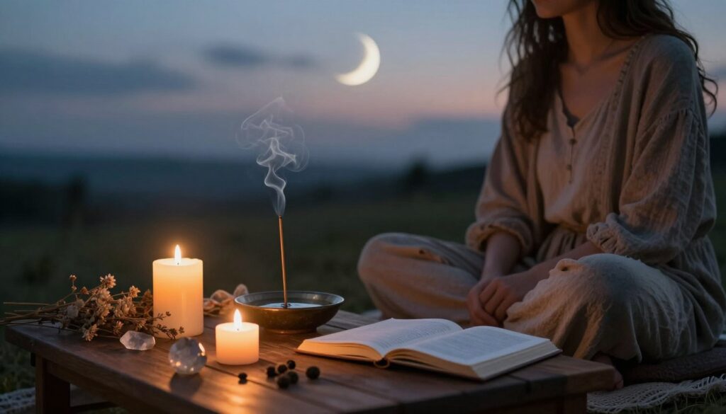 A serene setting for new moon rituals, featuring a tranquil outdoor space during twilight. In the foreground, a wooden table adorned with glowing candles, crystals, and an open journal surrounded by delicate dried herbs. A person, dressed in modest, earthy-toned attire, sits cross-legged on a soft mat, thoughtfully observing the scene, embodying calmness and contemplation. In the middle, gentle wisps of smoke rise from an incense holder, creating a mystical atmosphere, while a small bowl of water reflects the faint light. The background showcases a darkening sky with the new moon subtly visible, surrounded by soft clouds. The mood is peaceful, inviting, and introspective, captured with soft-focused lighting that emphasizes warmth and tranquility. A serene setting for new moon rituals, featuring a tranquil outdoor space during twilight. In the foreground, a wooden table adorned with glowing candles, crystals, and an open journal surrounded by delicate dried herbs. A person, dressed in modest, earthy-toned attire, sits cross-legged on a soft mat, thoughtfully observing the scene, embodying calmness and contemplation. In the middle, gentle wisps of smoke rise from an incense holder, creating a mystical atmosphere, while a small bowl of water reflects the faint light. The background showcases a darkening sky with the new moon subtly visible, surrounded by soft clouds. The mood is peaceful, inviting, and introspective, captured with soft-focused lighting that emphasizes warmth and tranquility.