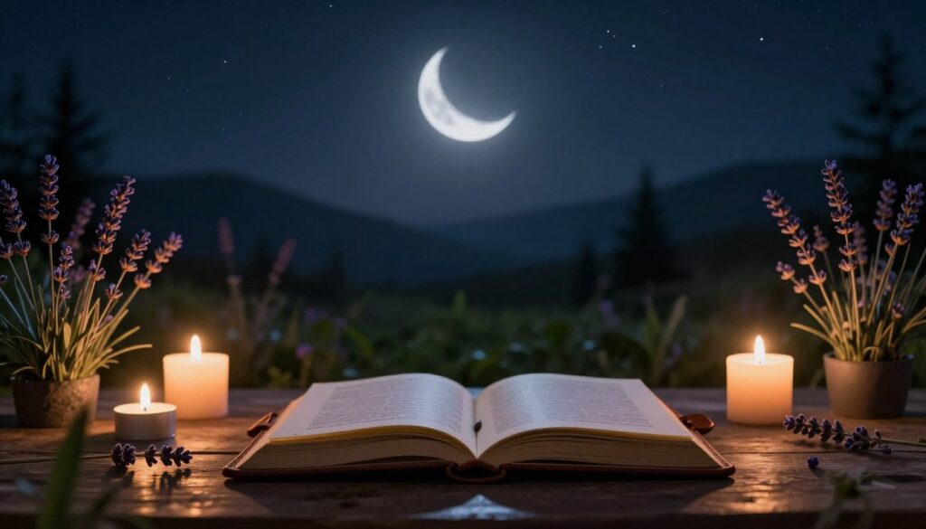 A serene setting that captures the essence of the new moon, featuring a tranquil night sky with a barely visible crescent moon casting a soft silver glow. In the foreground, an open leather journal lies on a rustic wooden table, surrounded by delicate lavender and ethereal candles that flicker gently, creating an inviting atmosphere. The middle ground includes soft, lush greenery and subtle hints of stars twinkling in the dark sky. In the background, silhouettes of distant mountains frame the scene, enhancing the tranquility. The lighting should be dim yet warm, evoking a sense of peace and reflection, with a focus on the journal as a symbol of new beginnings. The overall mood is calm, introspective, and inspiring, inviting the viewer to contemplate.