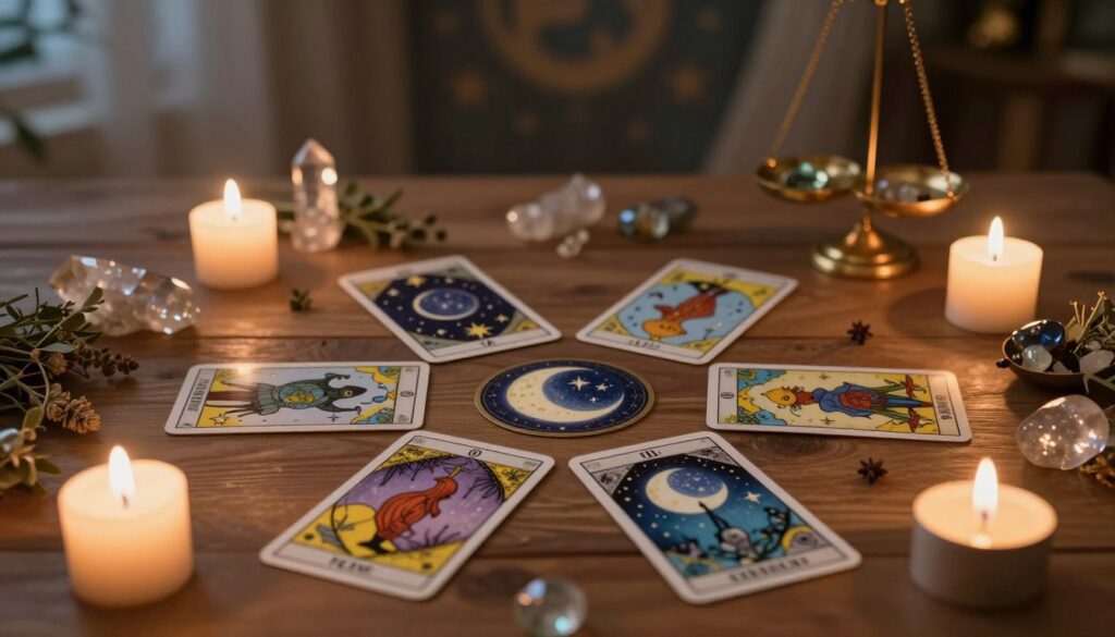 A serene still life scene of a new moon tarot spread set on a wooden table, featuring four tarot cards laid out in a circular pattern, each vividly illustrated with mystical designs like stars, moons, and mystical creatures. Surrounding the cards, soft candlelight flickers, casting a warm glow that highlights the shimmering crystals and herbs typical for new moon rituals. In the foreground, a delicate gemstone balance scale represents harmony and intuition. The background is softly blurred, with hints of a dimly lit room adorned with ethereal fabrics and celestial decor, enhancing the magical atmosphere. The overall mood is contemplative and peaceful, capturing the essence of introspection associated with the new moon phase. Use soft, diffused lighting to create a cozy, inviting ambiance. A serene still life scene of a new moon tarot spread set on a wooden table, featuring four tarot cards laid out in a circular pattern, each vividly illustrated with mystical designs like stars, moons, and mystical creatures. Surrounding the cards, soft candlelight flickers, casting a warm glow that highlights the shimmering crystals and herbs typical for new moon rituals. In the foreground, a delicate gemstone balance scale represents harmony and intuition. The background is softly blurred, with hints of a dimly lit room adorned with ethereal fabrics and celestial decor, enhancing the magical atmosphere. The overall mood is contemplative and peaceful, capturing the essence of introspection associated with the new moon phase. Use soft, diffused lighting to create a cozy, inviting ambiance.