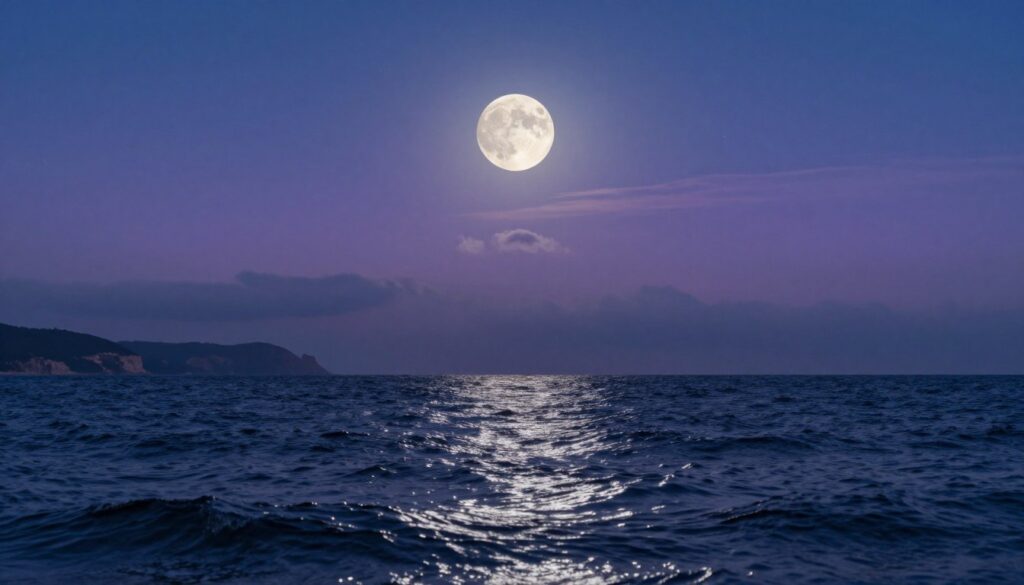 A serene twilight scene depicting the gravitational pull of the moon on ocean waters. In the foreground, gently rippling waves shimmer under the soft light of a full moon, reflecting silvery hues on the water's surface. In the middle ground, a silhouette of the moon prominently dominates the sky, surrounded by a gradient of deep blues and purples, dotted with faint stars. The background features distant cliffs, partially obscured by wispy clouds that merge with the twilight. A slight atmospheric haze imparts a dreamlike quality, enhancing the tranquil mood. The scene conveys the subtle yet powerful influence of the moon on the ocean tides. The lighting is soft and ethereal, ideally captured with a wide-angle lens to emphasize the expansive sky and sea.
