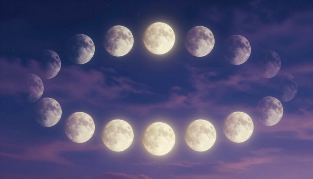A serene, visually captivating depiction of the lunar cycle phases, showing the transition from New Moon to Full Moon, arranged in a semi-circle across the image. In the foreground, soft, shimmering light glows around each moon phase, highlighting their intricate textures with a gentle glow. The middle layer features a tranquil night sky filled with stars, deep indigo blending into gentle violets and blues, evoking a sense of calm and mystery. The background is layered with wispy clouds, swirling softly to add depth to the atmosphere. Soft, diffused lighting creates an ethereal mood, suggesting a spiritual connection to the lunar phases. The composition should be balanced, focused on the lunar cycle without any distractions, creating a harmonious visual that reflects the themes of femininity and nature's rhythms. A serene, visually captivating depiction of the lunar cycle phases, showing the transition from New Moon to Full Moon, arranged in a semi-circle across the image. In the foreground, soft, shimmering light glows around each moon phase, highlighting their intricate textures with a gentle glow. The middle layer features a tranquil night sky filled with stars, deep indigo blending into gentle violets and blues, evoking a sense of calm and mystery. The background is layered with wispy clouds, swirling softly to add depth to the atmosphere. Soft, diffused lighting creates an ethereal mood, suggesting a spiritual connection to the lunar phases. The composition should be balanced, focused on the lunar cycle without any distractions, creating a harmonious visual that reflects the themes of femininity and nature's rhythms.