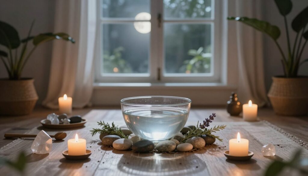 A serene, well-organized indoor space set up for lunar water preparation. In the foreground, a beautifully arranged altar with a clear glass bowl, filled with water, surrounded by smooth stones and fragrant herbs. Candles gently flicker around the bowl, casting a soft, warm glow. In the middle, a large window allows moonlight to pour in, illuminating the space with a silvery sheen. Various materials like crystals and ritual tools are neatly placed nearby. The background features softly draped curtains and plant foliage, adding to a tranquil atmosphere. The lighting is soft and ethereal, creating a sense of calm and purity, as shadows dance gently in the moonlight. The scene is inviting and meditative, perfect for creating lunar water.