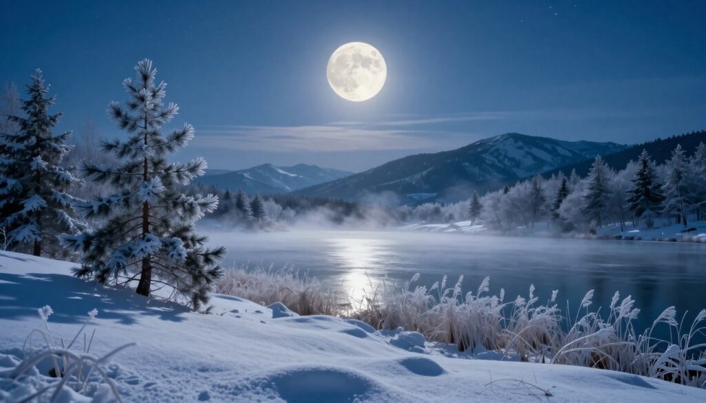 A serene winter landscape illuminated by the ethereal glow of a full Snow Moon hanging low in a clear night sky. In the foreground, pristine snow blankets a gently rolling hill, dotted with delicate frost-covered pine trees glistening under the moonlight. In the middle ground, a frozen lake reflects the moon's silver light, bordered by softly illuminated marsh grasses swaying slightly in the cold breeze. Wisps of ethereal fog rise from the lake, enhancing the mystical atmosphere. In the background, silhouettes of distant mountains fade into the night, their peaks dusted with snow, while a scattering of stars twinkle in the deep blue sky. The lighting is soft and tranquil, evoking a sense of calm and wonder, capturing the profound impact of the Snow Moon on the natural world.