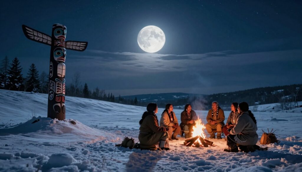 A serene winter landscape under the glow of the Cold Moon, showcasing Native American lore. In the foreground, a gentle snow-covered hill with a lone, intricately carved totem. The middle ground features a group of Native American figures in modest winter attire, gathered around a flickering fire, sharing stories, their faces illuminated by the warm light. The background includes a dark, star-filled sky with the Cold Moon casting a silvery light over the scene, creating a mystical atmosphere. Soft, diffused lighting enhances the details of the snow and silhouettes, while a low-angle perspective captures the majesty of the moon above and the intimate gathering below, evoking a sense of connection to nature and tradition.