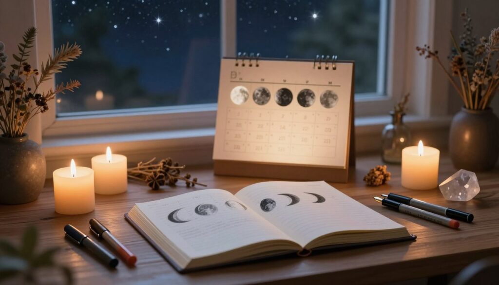 A serene workspace for lunar cycle journaling, featuring an elegantly arranged wooden desk with an open journal showcasing a new moon phase sketch. The foreground should include neatly organized writing tools like a fountain pen and colored markers, set beside flickering candles casting a warm, inviting glow. In the middle, a softly glowing moon phase calendar is displayed, surrounded by delicate botanical elements such as dried herbs and crystals, reflecting a sense of connection to nature. In the background, a large window reveals a peaceful night sky, dotted with stars, enhancing the tranquil atmosphere. The mood should evoke inspiration and introspection, illuminated by soft, ambient lighting, captured from a slightly elevated angle to give depth to the scene, showcasing the art of journaling under the new moon's energy. A serene workspace for lunar cycle journaling, featuring an elegantly arranged wooden desk with an open journal showcasing a new moon phase sketch. The foreground should include neatly organized writing tools like a fountain pen and colored markers, set beside flickering candles casting a warm, inviting glow. In the middle, a softly glowing moon phase calendar is displayed, surrounded by delicate botanical elements such as dried herbs and crystals, reflecting a sense of connection to nature. In the background, a large window reveals a peaceful night sky, dotted with stars, enhancing the tranquil atmosphere. The mood should evoke inspiration and introspection, illuminated by soft, ambient lighting, captured from a slightly elevated angle to give depth to the scene, showcasing the art of journaling under the new moon's energy.