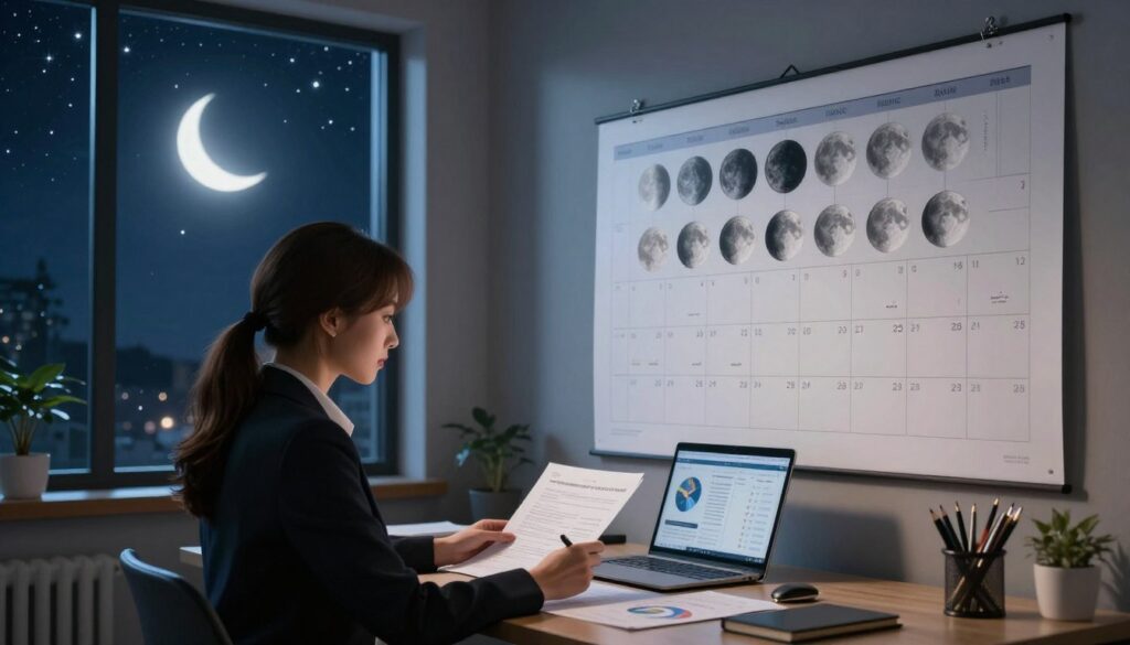 A serene workspace illuminated by soft, ambient lighting, featuring a large calendar displaying the different moon phases prominently on a wall. In the foreground, a professional woman in business attire, thoughtfully analyzing financial documents and charts on her desk. Next to her, an elegant lunar phase chart showcases the connection between each moon phase and specific financial activities, such as budgeting or investments. The background boasts a window with a tranquil view of a night sky, filled with twinkling stars and a glowing crescent moon, creating a calming atmosphere. The overall mood is one of focused contemplation, blending the mystique of lunar cycles with practical financial planning. The scene is captured from a slightly angled perspective, emphasizing both the workspace and the captivating view outside. A serene workspace illuminated by soft, ambient lighting, featuring a large calendar displaying the different moon phases prominently on a wall. In the foreground, a professional woman in business attire, thoughtfully analyzing financial documents and charts on her desk. Next to her, an elegant lunar phase chart showcases the connection between each moon phase and specific financial activities, such as budgeting or investments. The background boasts a window with a tranquil view of a night sky, filled with twinkling stars and a glowing crescent moon, creating a calming atmosphere. The overall mood is one of focused contemplation, blending the mystique of lunar cycles with practical financial planning. The scene is captured from a slightly angled perspective, emphasizing both the workspace and the captivating view outside.
