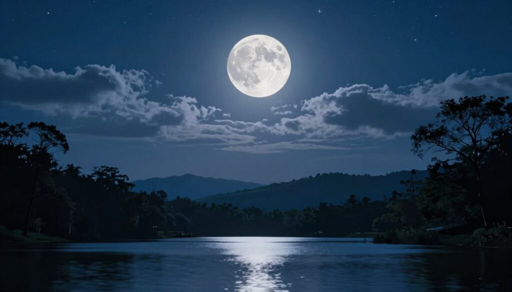 A stunning full moon illuminating a serene night sky, surrounded by wisps of ethereal clouds. In the foreground, a deep blue lake reflects the moonlight, creating a calm and peaceful atmosphere. Silhouetted trees frame the sides of the image, adding depth and a hint of mystery. The middle ground features gentle hills fading into the distance, enhancing the vastness of the scene. A scattering of stars twinkles around the moon, enhancing the enchanting mood. Soft, silvery light washes over the landscape, capturing the essence of a full moon phase ideal for reflection and release. The angle is slightly elevated, offering a sweeping view of the tranquil night. The overall ambiance is one of serenity, introspection, and the magic of the full moon.