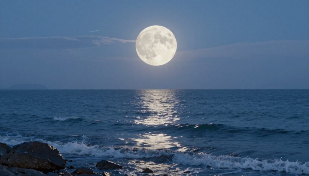 A stunning illustration depicting the Moon's gravitational influence on Earth's tides. In the foreground, depict calm ocean waters with gentle waves lapping at a rocky shoreline, shimmering under the moonlight. In the middle ground, represent a large, luminous full Moon, casting a soft glow and creating a visual gradient in the water. Surround the Moon with subtle, wispy clouds that enhance the ethereal mood. In the background, include a distant horizon where the sea meets the sky, illustrating the vastness of the ocean. The lighting should evoke a serene twilight atmosphere, with cool blues and silvery highlights reflecting off the water's surface. Capture a sense of tranquility and wonder, emphasizing the connection between the Moon and the tides in a captivating and educational manner.