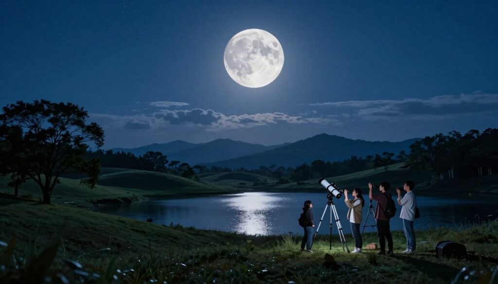 A stunning, luminous Buck Moon hangs in a deep blue night sky, casting soft, silvery light across a serene landscape. In the foreground, gentle rolling hills are adorned with silhouettes of lush trees, while a tranquil lake reflects the moon's brilliance, adding a shimmering quality to the scene. In the middle ground, a group of astronomy enthusiasts set up telescopes, their excited expressions illuminated by moonlight, dressed in casual attire. In the background, distant mountains rise softly against the horizon, partially veiled in wispy clouds. The atmosphere is peaceful yet vibrant, perfect for stargazing, under a clear sky loaded with shimmering stars. The entire scene has a cool, tranquil ambiance, evoking a sense of wonder and connection to the cosmos, captured from a slightly elevated angle to emphasize the moon’s grandeur. A stunning, luminous Buck Moon hangs in a deep blue night sky, casting soft, silvery light across a serene landscape. In the foreground, gentle rolling hills are adorned with silhouettes of lush trees, while a tranquil lake reflects the moon's brilliance, adding a shimmering quality to the scene. In the middle ground, a group of astronomy enthusiasts set up telescopes, their excited expressions illuminated by moonlight, dressed in casual attire. In the background, distant mountains rise softly against the horizon, partially veiled in wispy clouds. The atmosphere is peaceful yet vibrant, perfect for stargazing, under a clear sky loaded with shimmering stars. The entire scene has a cool, tranquil ambiance, evoking a sense of wonder and connection to the cosmos, captured from a slightly elevated angle to emphasize the moon’s grandeur.