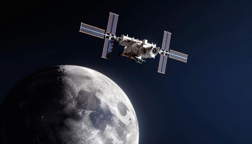 A stunning view of a lunar orbit crossing, showcasing the Moon in sharp detail in the foreground, its craters and maria illuminated by ethereal sunlight. In the middle ground, a spacecraft elegantly maneuvers through the vastness of space, with its solar panels gleaming against the dark backdrop of stars. The background features a gradient of deep blues and blacks representing the infinite expanse of the universe. The lighting is soft, with a hint of glow around the spacecraft to create a sense of motion and discovery. The atmosphere is serene yet awe-inspiring, capturing the majesty and wonder of lunar transits in a way that invites viewers to explore the cosmos. A stunning view of a lunar orbit crossing, showcasing the Moon in sharp detail in the foreground, its craters and maria illuminated by ethereal sunlight. In the middle ground, a spacecraft elegantly maneuvers through the vastness of space, with its solar panels gleaming against the dark backdrop of stars. The background features a gradient of deep blues and blacks representing the infinite expanse of the universe. The lighting is soft, with a hint of glow around the spacecraft to create a sense of motion and discovery. The atmosphere is serene yet awe-inspiring, capturing the majesty and wonder of lunar transits in a way that invites viewers to explore the cosmos.