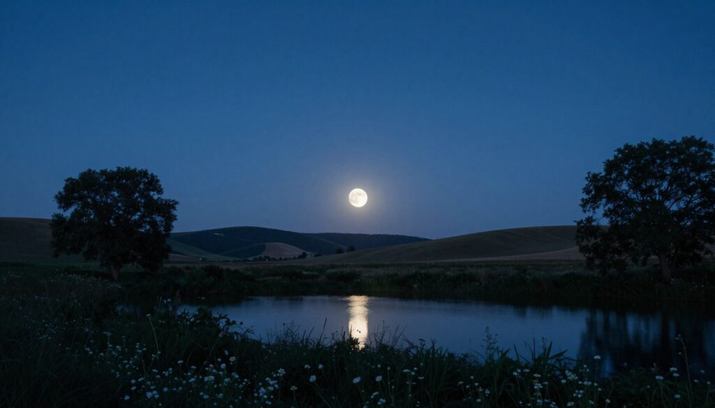 A stunning view of a micro moon low on the horizon at dusk, illuminating the landscape with a soft silver glow. In the foreground, a serene body of water reflects the moon's light, surrounded by silhouetted trees and wildflowers. In the middle ground, gentle hills roll softly, bathed in the cool tones of twilight. In the background, a starry sky transitions from deep blue to deep indigo, emphasizing the moon's delicate size and brightness. The atmosphere is tranquil and contemplative, inviting viewers to think about the significance of such celestial events. Use soft, diffused lighting to enhance the calm ambiance, with a focus on wide-angle perspective to capture the vastness of the scene. The image should evoke a sense of wonder and curiosity about the micro moon phenomenon.