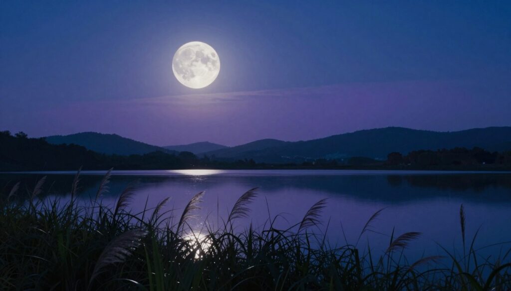 A stunning waxing gibbous moon illuminates the night sky, casting a soft silvery glow over a peaceful landscape. In the foreground, delicate silhouettes of tall grass sway gently in the night breeze, their tips reflecting the moonlight. The middle ground features a serene lake, mirroring the majestic moon and stars above, creating a tranquil ambiance. In the background, rolling hills are bathed in deep blue and soft purple shades, enhancing the dreamy atmosphere. The scene is captured at a slightly elevated angle, providing a wide view of the landscape under the moonlight. The lighting is soft and ethereal, evoking a sense of calm and clarity, perfect for inspiring introspection and goal refinement. The overall mood is peaceful and reflective, ideal for a moment of personal growth and mindfulness. A stunning waxing gibbous moon illuminates the night sky, casting a soft silvery glow over a peaceful landscape. In the foreground, delicate silhouettes of tall grass sway gently in the night breeze, their tips reflecting the moonlight. The middle ground features a serene lake, mirroring the majestic moon and stars above, creating a tranquil ambiance. In the background, rolling hills are bathed in deep blue and soft purple shades, enhancing the dreamy atmosphere. The scene is captured at a slightly elevated angle, providing a wide view of the landscape under the moonlight. The lighting is soft and ethereal, evoking a sense of calm and clarity, perfect for inspiring introspection and goal refinement. The overall mood is peaceful and reflective, ideal for a moment of personal growth and mindfulness.