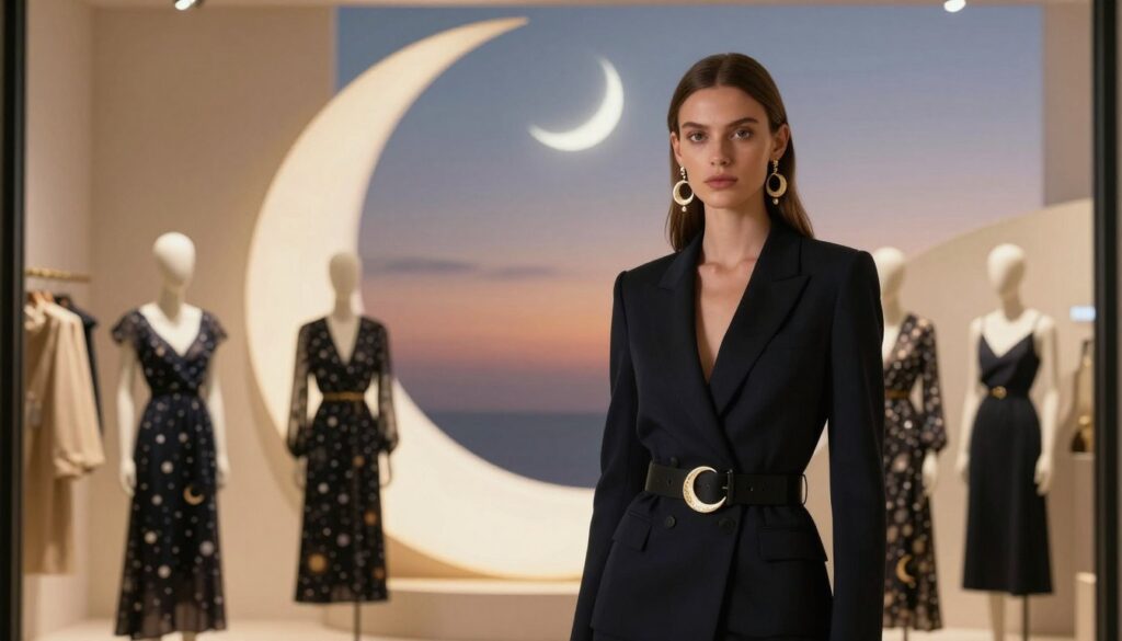 A stylish display of modern fashion inspired by half moon symbolism, featuring a model in professional, elegant attire. In the foreground, the model poses confidently, adorned with half moon motifs on accessories like earrings and a belt. In the middle ground, a sophisticated boutique showcases garments incorporating crescent shapes and celestial patterns, illuminated with soft, warm lighting. The background is a subtle, dreamy sky transitioning from twilight to nighttime, with a soft half moon glowing above, enhancing the symbolic connection. The atmosphere is serene and contemplative, emphasizing the mystical significance of the half moon in contemporary fashion. The image should have a slightly blurred depth of field, focusing on the model while hinting at the boutique’s curated fashion pieces. A stylish display of modern fashion inspired by half moon symbolism, featuring a model in professional, elegant attire. In the foreground, the model poses confidently, adorned with half moon motifs on accessories like earrings and a belt. In the middle ground, a sophisticated boutique showcases garments incorporating crescent shapes and celestial patterns, illuminated with soft, warm lighting. The background is a subtle, dreamy sky transitioning from twilight to nighttime, with a soft half moon glowing above, enhancing the symbolic connection. The atmosphere is serene and contemplative, emphasizing the mystical significance of the half moon in contemporary fashion. The image should have a slightly blurred depth of field, focusing on the model while hinting at the boutique’s curated fashion pieces.
