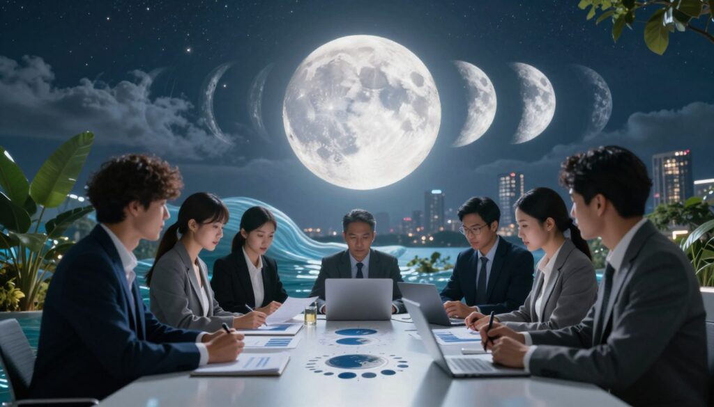 A surreal business landscape influenced by lunar phases. In the foreground, a group of diverse professionals in smart business attire is gathered around a sleek, modern table, studying charts and lunar cycle graphics. The middle ground features a large, glowing full moon casting a calming blue and silver light over the scene. Various natural elements inspired by lunar tides—like flowing water and gently swaying plants—are intermingled around the table, symbolizing adaptability and change. In the background, a city skyline under a starry sky symbolizes ambition, while clouds subtly mimic the shapes of both business graphs and lunar phases. The atmosphere is contemplative yet vibrant, evoking a sense of connection between nature's rhythms and strategic business decisions. The image is captured in soft focus, emphasizing the moon's glow with natural lighting to create a tranquil yet dynamic mood.