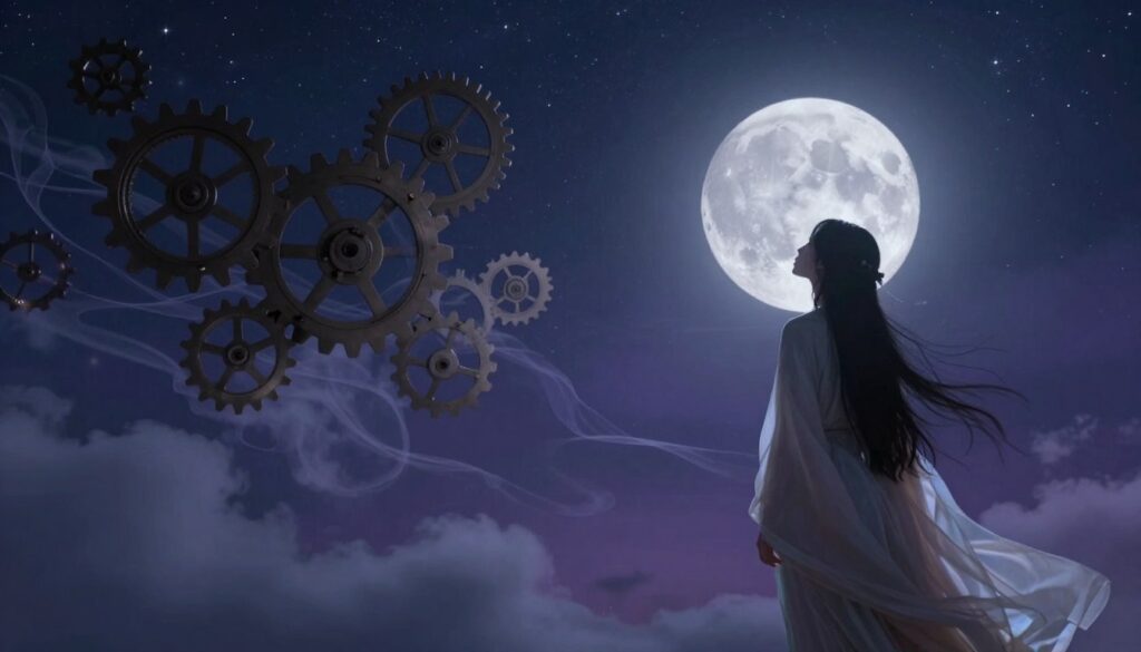 A surreal depiction of moon symbolism in psychology. In the foreground, an ethereal figure, dressed in flowing, soft-toned clothing, gazes at a luminous full moon casting silver light. The middle ground showcases a blend of dreamlike elements: floating gears and cogs symbolizing the subconscious mind, intertwined with delicate wisps of cloud. The background is a starry night sky, deep blues and purples, with glimmers of starlight adding depth. Soft, diffused lighting creates a tranquil, introspective atmosphere, evoking calm and thoughtfulness. The angle is slightly tilted, enhancing the dreamlike quality. This visually striking scene symbolizes the deep connection between the moon and human psychology, inviting viewers to explore their subconscious. A surreal depiction of moon symbolism in psychology. In the foreground, an ethereal figure, dressed in flowing, soft-toned clothing, gazes at a luminous full moon casting silver light. The middle ground showcases a blend of dreamlike elements: floating gears and cogs symbolizing the subconscious mind, intertwined with delicate wisps of cloud. The background is a starry night sky, deep blues and purples, with glimmers of starlight adding depth. Soft, diffused lighting creates a tranquil, introspective atmosphere, evoking calm and thoughtfulness. The angle is slightly tilted, enhancing the dreamlike quality. This visually striking scene symbolizes the deep connection between the moon and human psychology, inviting viewers to explore their subconscious.