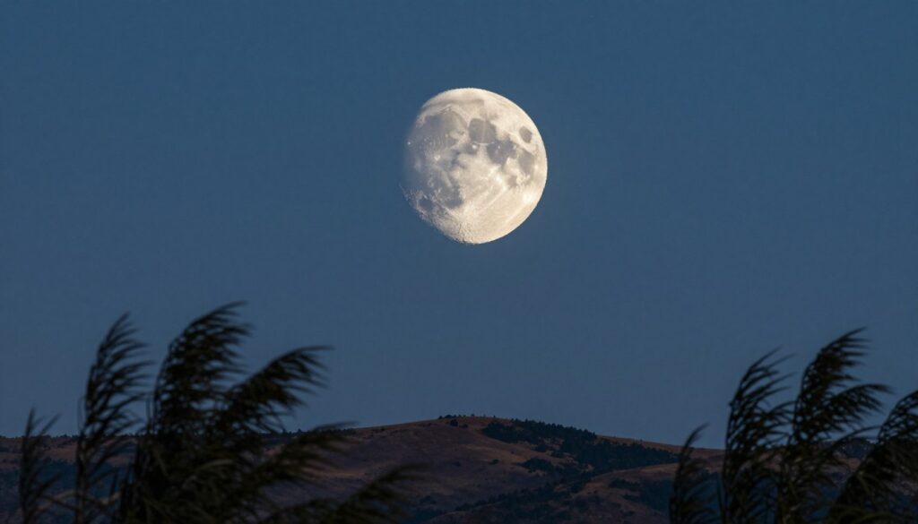 A third quarter moon hanging prominently in a clear night sky, showcasing its distinct half-illuminated face with rich texture and detailed craters. The foreground features silhouetted treetops gently swaying in a light breeze, framing the moon and adding depth to the composition. In the middle ground, rolling hills softly illuminated by subtle moonlight create a serene landscape. The background includes a deep blue gradient sky speckled with faint stars, enhancing the tranquil mood of the scene. The lighting is soft and natural, evoking a calm atmosphere. The camera angle is slightly tilted upward, focusing on the moon while capturing the peaceful surroundings. The image is devoid of any text or extraneous elements, allowing the moon to be the focal point.