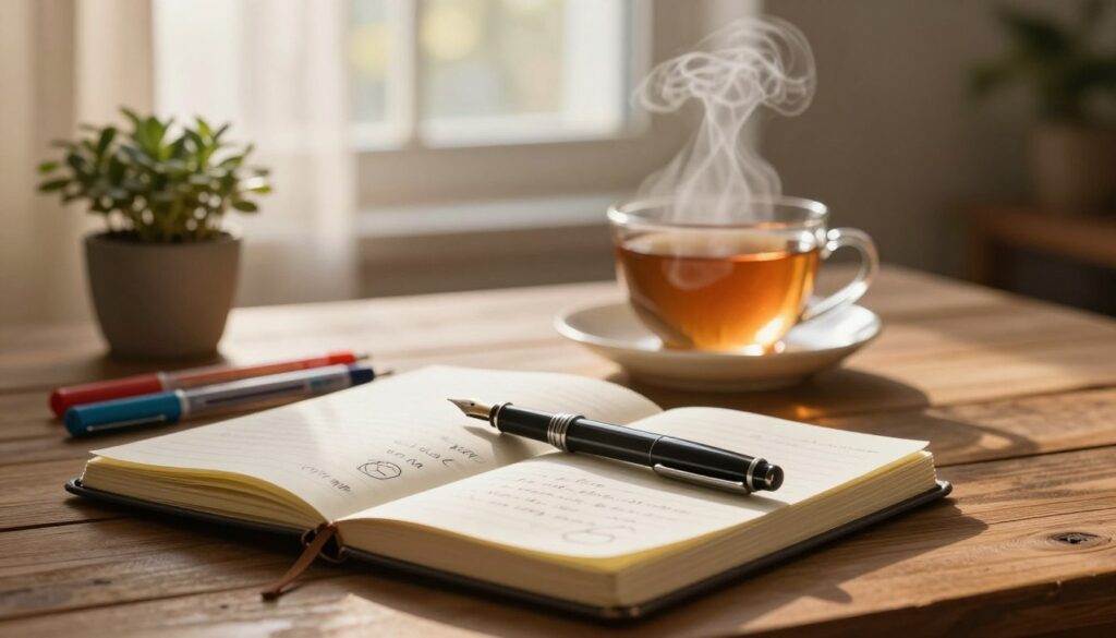 A tranquil and inviting scene depicting the benefits of journaling: In the foreground, a wooden table with an open journal filled with handwritten notes and doodles, a fountain pen resting elegantly beside it. A set of colorful gel pens are scattered nearby, showcasing creativity. In the middle ground, a steaming cup of herbal tea emits a gentle wisp of steam, and a small potted plant adds a touch of life. The background features a softly lit window with sheer curtains, allowing warm, golden sunlight to filter through, creating a soothing atmosphere. The mood is peaceful and reflective, with a focus on mindfulness and creativity. Soft focus and warm lighting enhance the sense of calm.