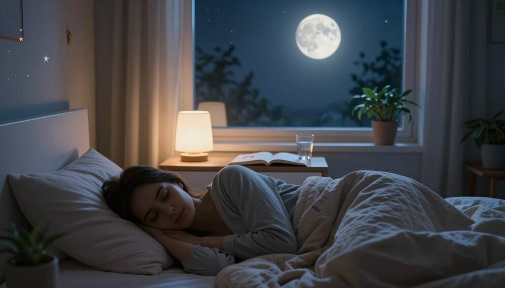 A tranquil bedroom scene at night, illuminated by soft moonlight streaming through a large window. In the foreground, a peaceful person with a content expression, dressed in modest sleepwear, lies on their side, surrounded by plush pillows and a cozy blanket. In the middle ground, a nightstand holds a glowing lamp, a journal featuring sleep research notes, and a glass of water. In the background, the silhouette of a full moon shines brightly, casting gentle shadows and creating a serene atmosphere. The room is decorated with calming colors, plants, and subtle star motifs, evoking a sense of harmony and connection to lunar influences on sleep. The lighting is soft and intimate, highlighting the tranquility of the scene.