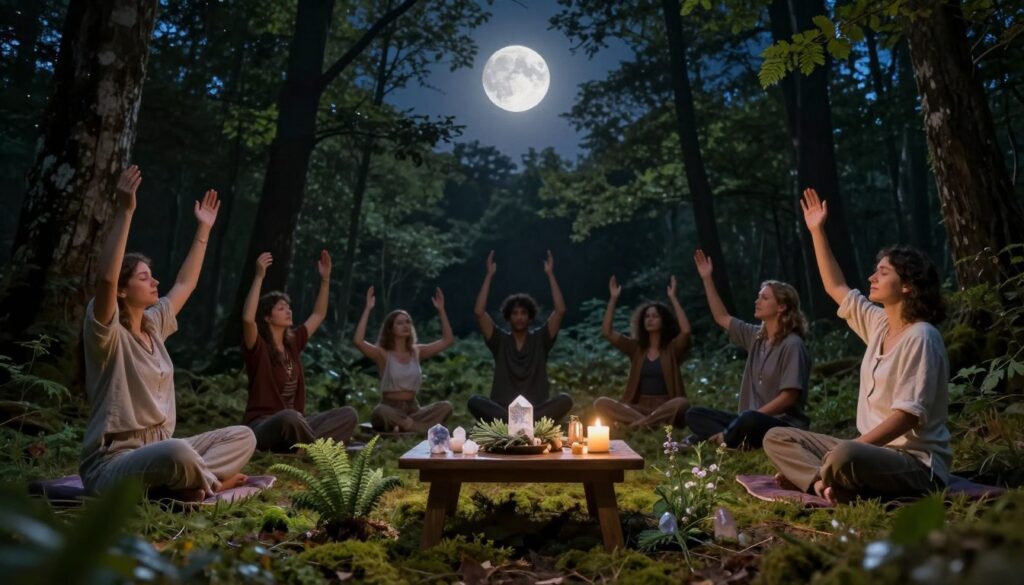 A tranquil forest clearing bathed in soft, silvery light from a bright First Quarter Moon overhead. In the foreground, a small wooden table adorned with crystals, sage, and candles sits on a gentle patch of moss. Elements of nature, like ferns and flowering herbs, surround the table, symbolizing a connection to earth energy. In the middle ground, a diverse group of individuals dressed in modest casual clothing engage in energy clearing rituals, with arms raised and eyes closed, creating a serene atmosphere of focus and intention. The background features tall trees silhouetted against the night sky, with a few stars peeking through. The scene captures a sense of calm, peace, and spiritual alignment, emphasizing both personal and collective energy healing under the moon's presence. A tranquil forest clearing bathed in soft, silvery light from a bright First Quarter Moon overhead. In the foreground, a small wooden table adorned with crystals, sage, and candles sits on a gentle patch of moss. Elements of nature, like ferns and flowering herbs, surround the table, symbolizing a connection to earth energy. In the middle ground, a diverse group of individuals dressed in modest casual clothing engage in energy clearing rituals, with arms raised and eyes closed, creating a serene atmosphere of focus and intention. The background features tall trees silhouetted against the night sky, with a few stars peeking through. The scene captures a sense of calm, peace, and spiritual alignment, emphasizing both personal and collective energy healing under the moon's presence.