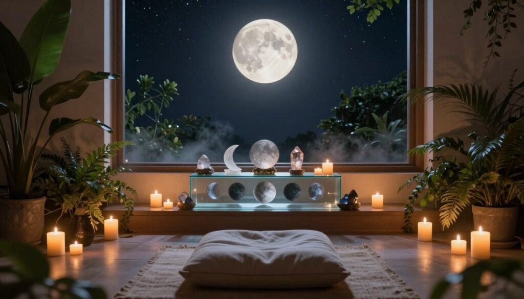 A tranquil meditation space set under a full moon, surrounded by softly glowing candles and lush greenery. In the foreground, a comfortable meditation cushion is adorned with a simple, elegant blanket, inviting calmness. The middle layer features a serene glass altar with crystals and moon phase representations, reflecting the essence of lunar energy. In the background, a large window opens to a starry night sky, where the luminous moon dominates, casting gentle light and creating a spiritual ambiance. Soft, warm lighting enhances the peaceful atmosphere, while slight mist adds an ethereal quality. The scene conveys serenity and focus, perfect for the practice of moon cycle meditation. A tranquil meditation space set under a full moon, surrounded by softly glowing candles and lush greenery. In the foreground, a comfortable meditation cushion is adorned with a simple, elegant blanket, inviting calmness. The middle layer features a serene glass altar with crystals and moon phase representations, reflecting the essence of lunar energy. In the background, a large window opens to a starry night sky, where the luminous moon dominates, casting gentle light and creating a spiritual ambiance. Soft, warm lighting enhances the peaceful atmosphere, while slight mist adds an ethereal quality. The scene conveys serenity and focus, perfect for the practice of moon cycle meditation.