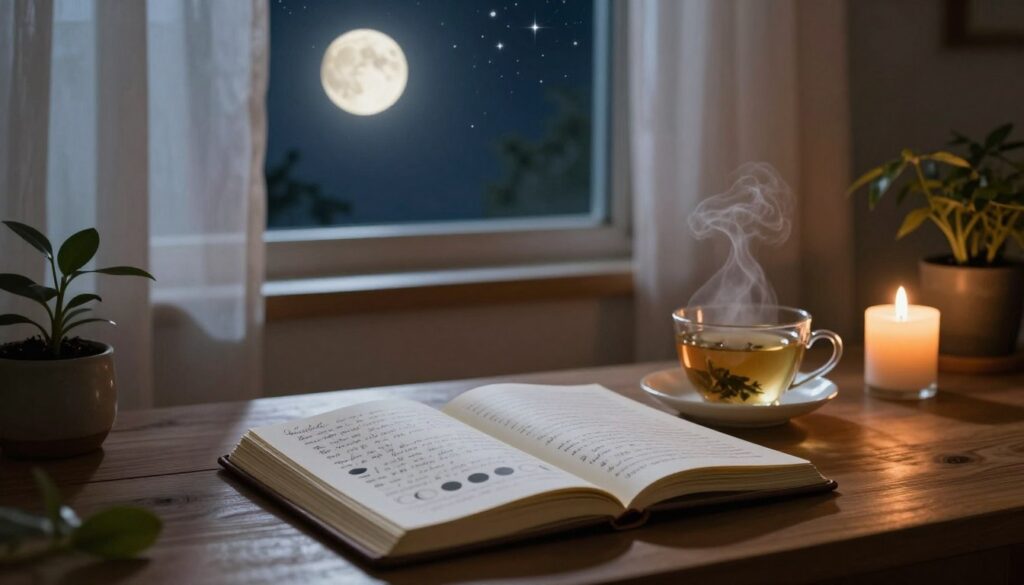 A tranquil moonlit room, softly illuminated by the glow of a full moon filtering through sheer curtains. In the foreground, a wooden desk adorned with a neatly arranged journal, open to a page filled with handwritten reflections and lunar phases. Gently placed beside it, a delicate cup of herbal tea steams, hinting at a cozy atmosphere. The middle ground features a small indoor plant, symbolizing growth, and a candle flickering, casting warm shadows. In the background, a window reveals a clear night sky filled with twinkling stars, enhancing the sense of serenity. The overall mood is peaceful and contemplative, ideal for self-discovery through lunar journaling, captured in soft, warm lighting with a focus on a classic lens perspective.