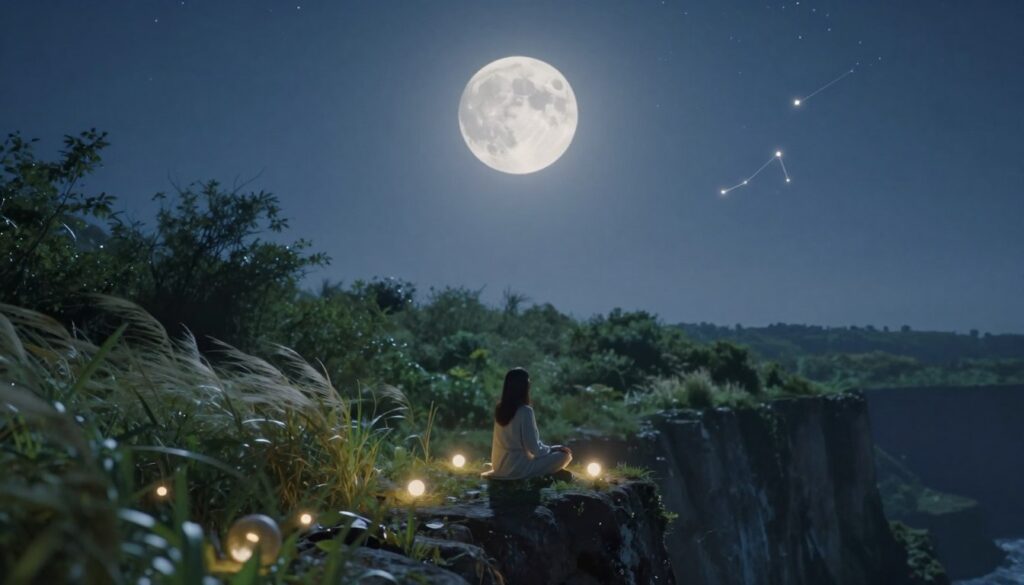 A tranquil night scene depicting the moon's influence on emotional renewal. In the foreground, a serene figure sitting cross-legged on a cliff, surrounded by soft, glowing orbs that symbolize emotions, reflecting a sense of peace. The middle ground features lush greenery, softly swaying in a gentle breeze, illuminated by the soft, silver light of a full moon. The background showcases a clear starry sky with constellations subtly suggesting rebirth. The lighting should be soft and ethereal, casting a calming glow over the scene. Use a wide-angle lens to capture the vastness of the night sky, creating an atmosphere of introspection and serenity. The overall mood should evoke feelings of tranquility, hope, and renewal, encapsulating the transformative power of the moon on one's emotions.