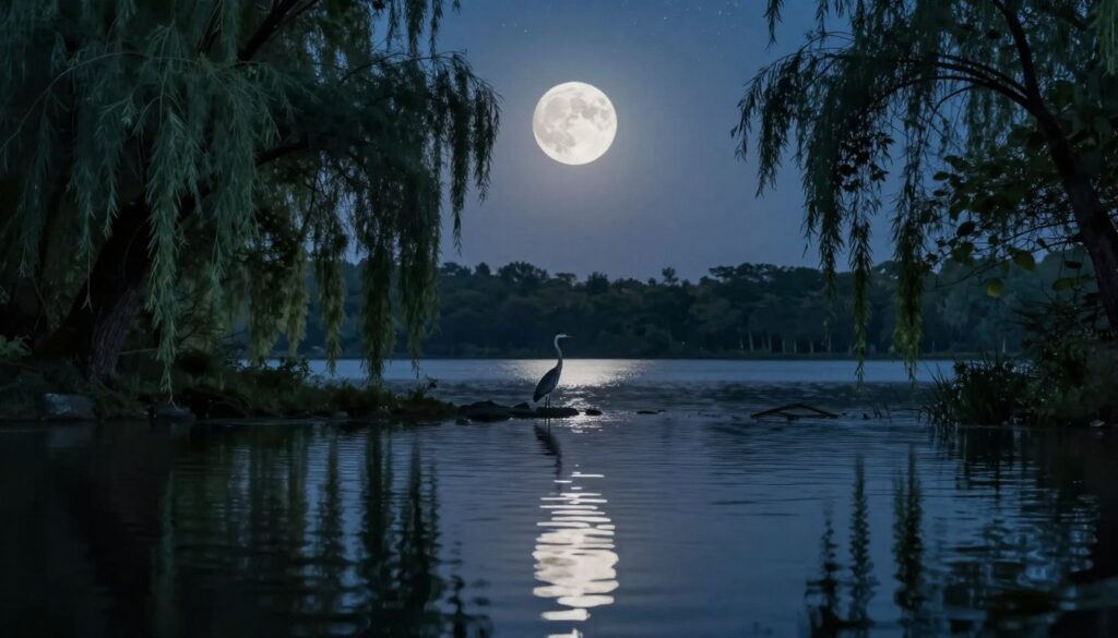 A tranquil night scene depicting the reflection of a full moon in a serene lake, surrounded by tall, whispering trees. In the foreground, soft ripples break the moon's mirror-like reflection on the water, emphasizing a sense of calm and contemplation. The middle ground features silhouettes of delicate wildlife, like a heron standing still by the water's edge, embodying peace and solitude. The background showcases a starry sky, with the moon casting a gentle, silvery light, creating a dreamy atmosphere. Employ soft, ambient lighting to enhance the mood of introspection. The composition should evoke feelings of tranquility and reflection, perfect for illustrating the importance of contemplation in our lives.