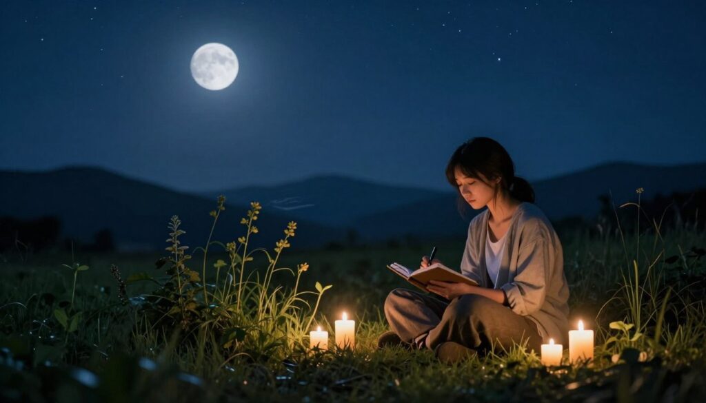 A tranquil night scene during the new moon phase, with a deep indigo sky speckled with stars. In the foreground, a serene individual sits cross-legged on a lush grassy patch, surrounded by candles that emit a soft, warm glow. They are thoughtfully journaling with a pen, embodying the spirit of new beginnings. In the middle ground, a gentle breeze rustles through budding plants and herbs, symbolizing growth and renewal. The background features a silhouette of distant mountains under a starry sky, creating a sense of peaceful isolation. Utilize soft lighting to evoke a calm and introspective atmosphere, capturing the essence of the new moon as a time for setting intentions and establishing positive habits. The angle should be slightly elevated, focusing on the individual and their surroundings, while enhancing the sense of depth and tranquility in the scene.
