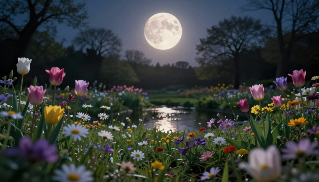 A tranquil night scene featuring a luminous Flower Moon casting a soft, silvery glow over a lush garden filled with various blooming flowers, symbolizing growth and renewal. In the foreground, a vibrant assortment of wildflowers, such as daisies and tulips, sways gently in the breeze, their colors vivid under the moonlight. The middle ground showcases a serene pond reflecting the glowing moon, surrounded by greenery. In the background, silhouette of ancient trees creates a mystical atmosphere. The scene is illuminated by the warm, ethereal light of the moon, creating a sense of peace and wonder. The lens captures the scene from a low angle, emphasizing the height of the flowers and the grandeur of the moon, evoking a dreamy, serene mood.