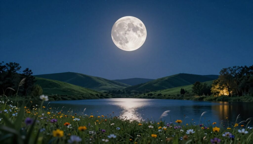 A tranquil night scene featuring a radiant First Quarter Moon positioned in the center of a deep indigo sky. The moon’s illuminated half casts a gentle silver light across a serene landscape, revealing lush green hills and a calm lake that reflects the celestial glow. In the foreground, soft wildflowers sway lightly in a breeze, embodying the vibrant and dynamic energy of this lunar phase. In the middle ground, hints of softly lit trees frame the scene, while the background showcases a vast expanse of twinkling stars, adding depth to the night sky. The atmosphere is peaceful yet invigorating, inviting viewers to feel the balance between light and shadow. Use soft, warm lighting to enhance the moon's radiance and create a sense of harmony. A tranquil night scene featuring a radiant First Quarter Moon positioned in the center of a deep indigo sky. The moon’s illuminated half casts a gentle silver light across a serene landscape, revealing lush green hills and a calm lake that reflects the celestial glow. In the foreground, soft wildflowers sway lightly in a breeze, embodying the vibrant and dynamic energy of this lunar phase. In the middle ground, hints of softly lit trees frame the scene, while the background showcases a vast expanse of twinkling stars, adding depth to the night sky. The atmosphere is peaceful yet invigorating, inviting viewers to feel the balance between light and shadow. Use soft, warm lighting to enhance the moon's radiance and create a sense of harmony.