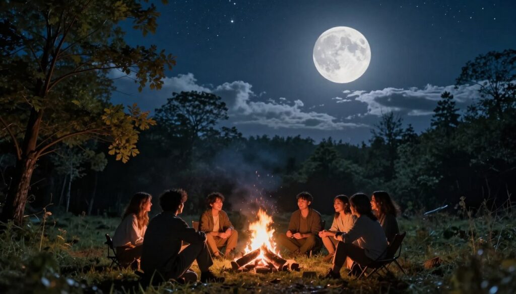 A tranquil night scene under a luminous Hunter's Moon, casting a soft, silvery glow over a serene landscape. In the foreground, a group of diverse individuals, dressed in modest casual clothing, gather around a crackling campfire, sharing stories and laughter, celebrating the enchanting night. The middle ground features a lush forest with silhouettes of trees, their leaves rustling gently in the night breeze. In the background, the night sky is expansive, filled with twinkling stars and wisps of fluffy clouds, enhancing the atmospheric feel. The lighting is warm and inviting, with the moonlight illuminating the scene, creating a magical, inviting ambiance that reflects the spirit of the Hunter's Moon celebration.