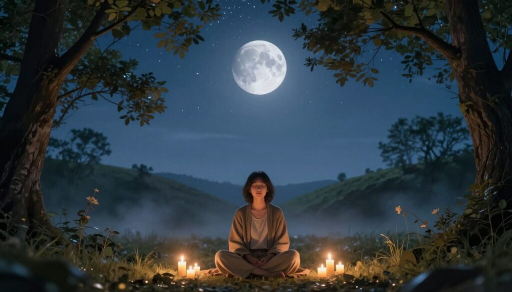A tranquil nighttime scene capturing the essence of a new moon. In the foreground, a serene figure seated cross-legged on a forest floor, dressed in modest, comfortable clothing, eyes closed in contemplation, surrounded by softly glowing candles. In the middle ground, gentle hills frame the scene, with lush trees partially illuminated by the moon's soft light. The background reveals a clear sky filled with twinkling stars and the faint outline of a deep, darkened moon, symbolizing new beginnings. The atmosphere is peaceful and hopeful, evoking a sense of introspection and the potential for new intentions. Soft, ethereal lighting enhances the calm mood, while a slight mist adds an air of mystery and magic to the setting. A tranquil nighttime scene capturing the essence of a new moon. In the foreground, a serene figure seated cross-legged on a forest floor, dressed in modest, comfortable clothing, eyes closed in contemplation, surrounded by softly glowing candles. In the middle ground, gentle hills frame the scene, with lush trees partially illuminated by the moon's soft light. The background reveals a clear sky filled with twinkling stars and the faint outline of a deep, darkened moon, symbolizing new beginnings. The atmosphere is peaceful and hopeful, evoking a sense of introspection and the potential for new intentions. Soft, ethereal lighting enhances the calm mood, while a slight mist adds an air of mystery and magic to the setting.