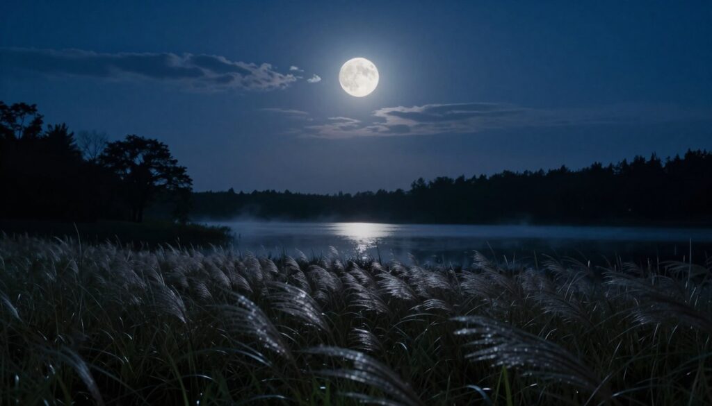 A tranquil nighttime scene capturing the ethereal energy of a full moon illuminating a serene landscape. In the foreground, soft, glimmering grass sways gently in a light breeze, reflecting moonlight. In the middle ground, a peaceful lake mirrors the moon's silvery glow, surrounded by dark silhouettes of trees. In the background, a deep indigo sky is dotted with a few wispy clouds, accentuating the moon's brightness. The lighting is soft and cool, creating a calming atmosphere. A slight mist hangs over the lake, suggesting emotional depth and sensitivity. The composition should be wide-angle, emphasizing the vastness of the night sky while inviting the viewer into a moment of introspection and connection with nature. A tranquil nighttime scene capturing the ethereal energy of a full moon illuminating a serene landscape. In the foreground, soft, glimmering grass sways gently in a light breeze, reflecting moonlight. In the middle ground, a peaceful lake mirrors the moon's silvery glow, surrounded by dark silhouettes of trees. In the background, a deep indigo sky is dotted with a few wispy clouds, accentuating the moon's brightness. The lighting is soft and cool, creating a calming atmosphere. A slight mist hangs over the lake, suggesting emotional depth and sensitivity. The composition should be wide-angle, emphasizing the vastness of the night sky while inviting the viewer into a moment of introspection and connection with nature.