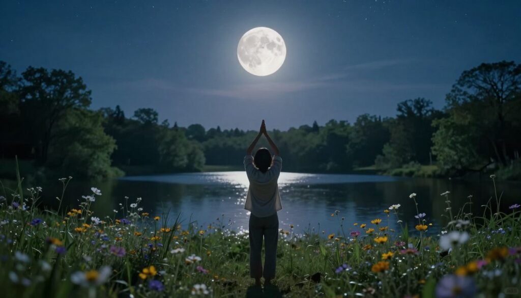 A tranquil nighttime scene depicting a full moon casting a soft, silvery glow over a serene landscape. In the foreground, a figure in modest casual clothing stands with arms raised in a gesture of gratitude, surrounded by gently swaying wildflowers illuminated by moonlight. The middle ground features a calm lake reflecting the moon's luminous light, surrounded by lush trees that evoke a sense of peace. In the background, a starry sky stretches endlessly, enhancing the sense of wonder and emotional connection. The atmosphere is ethereal and calming, evoking feelings of gratitude and spiritual energy. Use soft, ambient lighting to emphasize the tranquility of the scene, capturing the essence of lunar energy, emotion, and the connection to nature. A tranquil nighttime scene depicting a full moon casting a soft, silvery glow over a serene landscape. In the foreground, a figure in modest casual clothing stands with arms raised in a gesture of gratitude, surrounded by gently swaying wildflowers illuminated by moonlight. The middle ground features a calm lake reflecting the moon's luminous light, surrounded by lush trees that evoke a sense of peace. In the background, a starry sky stretches endlessly, enhancing the sense of wonder and emotional connection. The atmosphere is ethereal and calming, evoking feelings of gratitude and spiritual energy. Use soft, ambient lighting to emphasize the tranquility of the scene, capturing the essence of lunar energy, emotion, and the connection to nature.