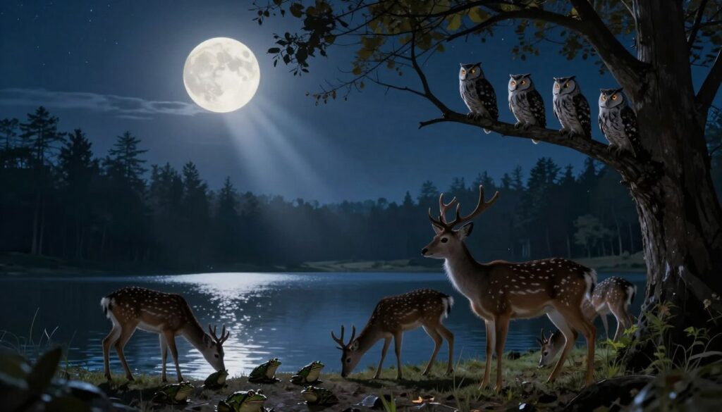 A tranquil nighttime scene depicting various wildlife behaviors influenced by the moon. In the foreground, a family of deer gracefully grazes under a bright full moon, their silhouettes illuminated by its soft glow. Nearby, a group of owls can be seen perched on a branch, their eyes glowing as they observe the serene landscape. In the middle ground, a calm lake mirrors the moonlight, while frogs can be spotted along the water's edge, croaking in unison. The background features a silhouette of a dense forest, with the moon casting silver beams through the branches. A starry sky enhances the atmosphere, creating a peaceful yet lively mood. The lighting is soft and ethereal, with a focus on the moon, adding a sense of magic and wonder to wildlife's nighttime activities.