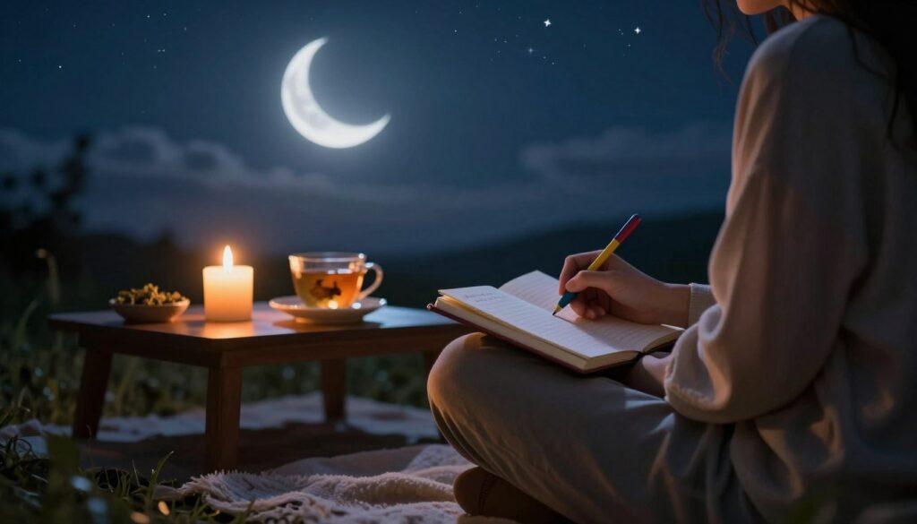 A tranquil scene capturing the essence of journaling beneath a waxing crescent moon. In the foreground, a person sits cross-legged on a soft blanket, wearing modest casual clothing, with a journal and colorful pens in hand. The midground features a small table adorned with a lit candle and a cozy cup of herbal tea, casting a warm, inviting glow. The background showcases a softly illuminated night sky, revealing the delicate crescent moon and twinkling stars amidst gentle clouds. The atmosphere is calm and introspective, evoking a sense of peaceful reflection and intention-setting. Soft, ambient lighting enhances the serene mood, with a slight bokeh effect on the edges, drawing focus to the act of journaling as a personal ritual under the enchanting moonlight. A tranquil scene capturing the essence of journaling beneath a waxing crescent moon. In the foreground, a person sits cross-legged on a soft blanket, wearing modest casual clothing, with a journal and colorful pens in hand. The midground features a small table adorned with a lit candle and a cozy cup of herbal tea, casting a warm, inviting glow. The background showcases a softly illuminated night sky, revealing the delicate crescent moon and twinkling stars amidst gentle clouds. The atmosphere is calm and introspective, evoking a sense of peaceful reflection and intention-setting. Soft, ambient lighting enhances the serene mood, with a slight bokeh effect on the edges, drawing focus to the act of journaling as a personal ritual under the enchanting moonlight.