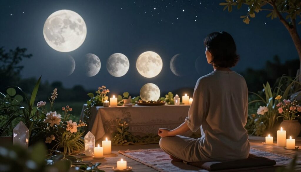 A tranquil scene illustrating mindfulness practices aligned with moon phases. In the foreground, a person in modest casual clothing sits cross-legged on a soft mat, deeply engaged in meditation. The individual is surrounded by softly glowing candles and crystals. In the middle ground, an altar displays representations of each moon phase, intricately designed with lush greenery and flowers. The background features a serene night sky filled with stars and a large, luminous full moon casting gentle light. Warm, ethereal lighting envelops the scene, creating a peaceful, calming atmosphere. The image captures the essence of harmony between self-care and the lunar cycle, evoking a sense of connection to nature and reflection.