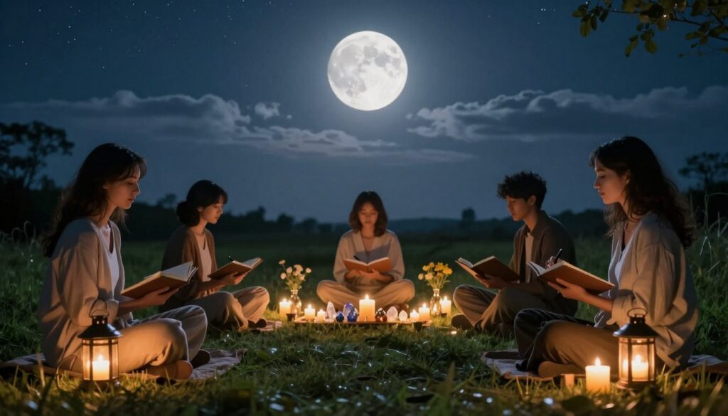 A tranquil scene set during a full moon night, showcasing a serene outdoor gratitude practice. In the foreground, a diverse group of three individuals in modest, casual clothing sit cross-legged on soft grass, each holding a journal and pen, reflecting on their thoughts. They are surrounded by gently glowing lanterns that cast warm light. In the middle ground, a small altar adorned with crystals, candles, and fresh flowers is placed, symbolizing gratitude and intention-setting. In the background, the moon shines brightly, illuminating a starry sky dotted with soft clouds, creating a peaceful atmosphere. The lighting is soft and diffused, evoking a sense of calm and introspection, capturing the essence of aligning gratitude practices with lunar phases. A tranquil scene set during a full moon night, showcasing a serene outdoor gratitude practice. In the foreground, a diverse group of three individuals in modest, casual clothing sit cross-legged on soft grass, each holding a journal and pen, reflecting on their thoughts. They are surrounded by gently glowing lanterns that cast warm light. In the middle ground, a small altar adorned with crystals, candles, and fresh flowers is placed, symbolizing gratitude and intention-setting. In the background, the moon shines brightly, illuminating a starry sky dotted with soft clouds, creating a peaceful atmosphere. The lighting is soft and diffused, evoking a sense of calm and introspection, capturing the essence of aligning gratitude practices with lunar phases.