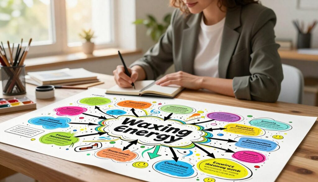 A vibrant and imaginative mind map illustrating techniques for enhancing creativity during waxing energy. In the foreground, a large, colorful mind map spreads across a wooden table, featuring interconnected ideas represented by bright, swirling shapes and arrows. In the middle ground, a person in professional attire, depicted from the side, is actively writing in a notebook, surrounded by art supplies like brushes and paints, with a look of focused inspiration. The background features a serene and well-lit workspace, with large windows letting in warm, natural light, plants adding freshness, and soft colors that create an inviting atmosphere. The overall mood is dynamic and uplifting, fostering a sense of excitement and potential for creative exploration.