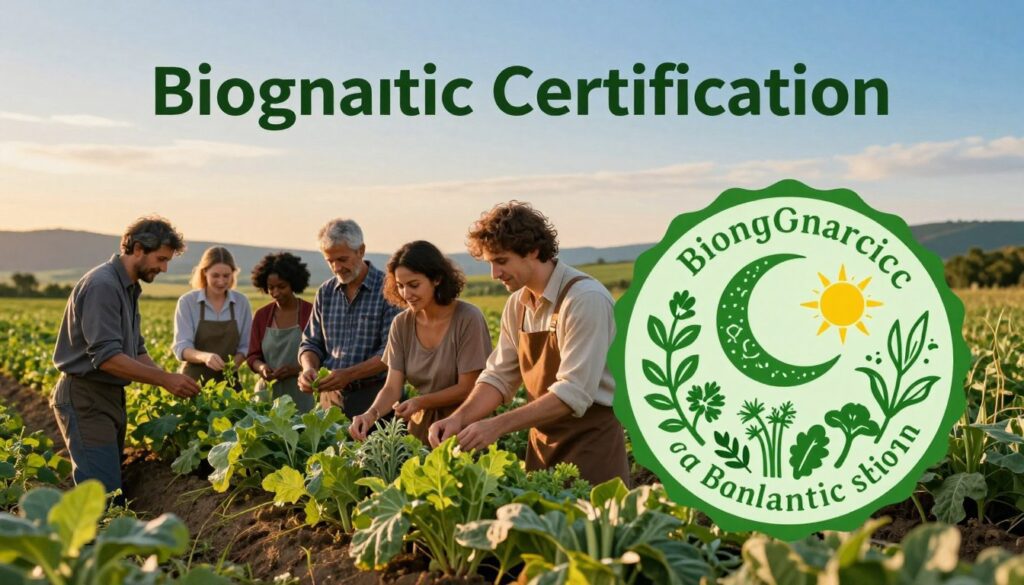 A vibrant and informative scene showcasing the concept of "Biodynamic Certification." In the foreground, a detailed, green biodynamic certification seal with intricate designs featuring a crescent moon, sun, and biodiverse farming elements like vegetables and herbs. In the middle ground, a diverse group of farmers dressed in professional attire, examining crops in a lush field during golden hour, with warm sunlight casting a gentle glow across their faces. The background features rolling hills and a clear sky transitioning from blue to soft orange, symbolizing the connection to lunar cycles. The atmosphere is hopeful and tranquil, embodying the harmony of nature and sustainable farming practices.