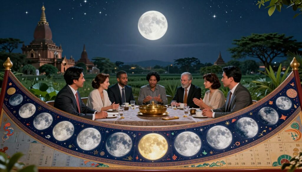 A vibrant and serene scene depicting the cultural significance of the lunar calendar. In the foreground, a beautifully crafted lunar calendar featuring intricate designs representing different phases of the moon, adorned with traditional motifs from various cultures, such as Chinese, Indian, and Middle Eastern elements. In the middle ground, people of diverse backgrounds, dressed in professional business attire and modest casual clothing, gather around a table engaged in a discussion, sharing stories and traditions associated with the lunar calendar. The background showcases a night sky filled with stars and a prominent full moon casting soft, silvery light over a tranquil landscape of ancient temples and lush greenery, symbolizing harmony and tradition. The overall mood is peaceful and reflective, inviting viewers to appreciate the deep cultural roots of the lunar calendar.