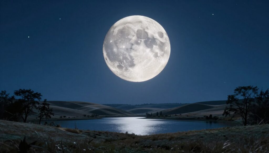 A vibrant first quarter moon gracefully hangs in a clear night sky, illuminated by soft, silvery light. The lunar surface displays intricate details of craters and maria, showcasing its rugged texture and dimensionality. In the foreground, a serene landscape stretches out, featuring rolling hills softly bathed in moonlight, with silhouettes of trees gently swaying in a light breeze. The middle ground is accentuated by a tranquil lake reflecting the moon's luminous glow, creating a mirror-like effect. In the background, twinkling stars fill the deep blue expanse of the night sky, enhancing the celestial atmosphere. The lighting is soft and ethereal, with a focus on the moon's brilliance, evoking a peaceful and contemplative mood, perfect for illustrating the beauty of the first quarter phase.