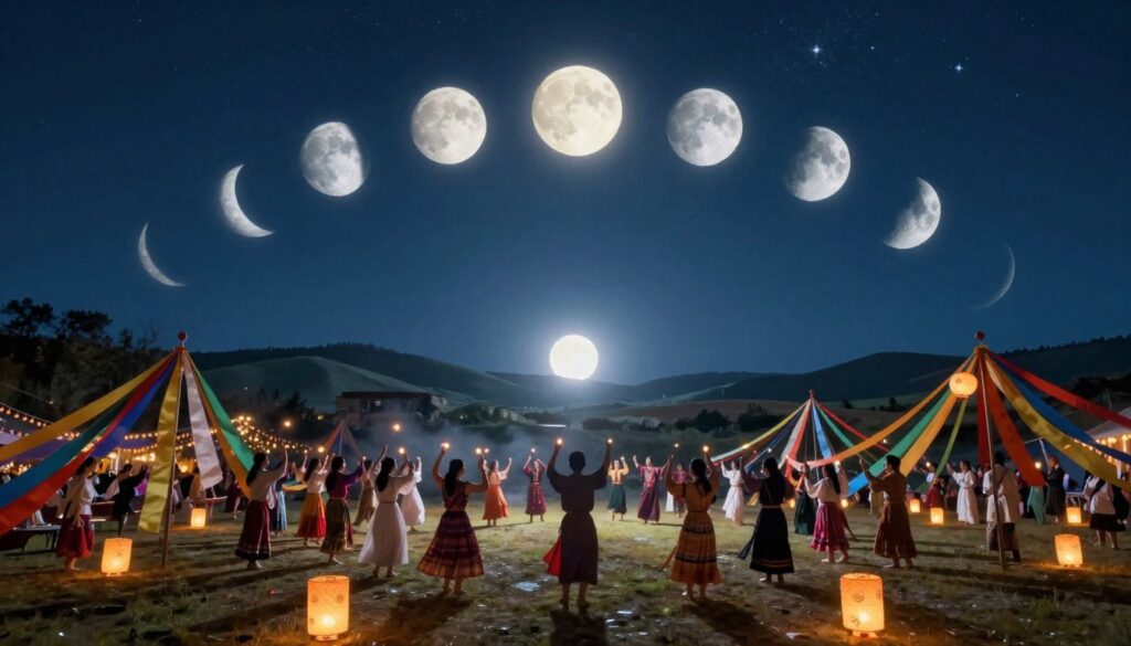 A vibrant scene depicting the lunar cycle interpretations, focusing on festivals and celebrations associated with each moon phase. In the foreground, illuminated traditional lanterns and colorful ribbons sway gently in the breeze, symbolizing joy and community. In the middle ground, silhouetted figures dressed in modest attire participate in cultural rituals, dancing and celebrating under a full moon that casts a soft glow over the gathering. The background features a serene landscape with rolling hills and a clear night sky filled with stars, showcasing the waxing and waning phases of the moon artistically arranged. Soft, ethereal lighting enhances the magical atmosphere, captured from a slightly elevated angle to provide a comprehensive view of the festivities. The overall mood is festive and harmonious, encapsulating the rich symbolism of the lunar cycle in cultural celebrations. A vibrant scene depicting the lunar cycle interpretations, focusing on festivals and celebrations associated with each moon phase. In the foreground, illuminated traditional lanterns and colorful ribbons sway gently in the breeze, symbolizing joy and community. In the middle ground, silhouetted figures dressed in modest attire participate in cultural rituals, dancing and celebrating under a full moon that casts a soft glow over the gathering. The background features a serene landscape with rolling hills and a clear night sky filled with stars, showcasing the waxing and waning phases of the moon artistically arranged. Soft, ethereal lighting enhances the magical atmosphere, captured from a slightly elevated angle to provide a comprehensive view of the festivities. The overall mood is festive and harmonious, encapsulating the rich symbolism of the lunar cycle in cultural celebrations.