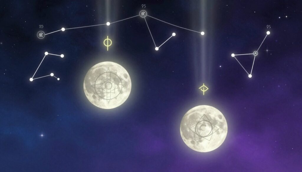 A visually striking illustration depicting the concept of lunar nodes in astrology. In the foreground, two stylized lunar nodes, one representing the North Node and the other the South Node, are represented by intricate symbols or geometric shapes, glowing softly with ethereal light. The middle ground features a celestial background with a starry night sky filled with constellations, depicting the pathways the moon takes. In the background, a subtle gradient transitions from deep blue to purple, evoking a mystical atmosphere. Soft beams of light shine down, emphasizing the nodes, creating a sense of enlightenment and discovery. The overall mood is introspective and cosmic, inviting viewers to explore the deeper meanings of astrology. A visually striking illustration depicting the concept of lunar nodes in astrology. In the foreground, two stylized lunar nodes, one representing the North Node and the other the South Node, are represented by intricate symbols or geometric shapes, glowing softly with ethereal light. The middle ground features a celestial background with a starry night sky filled with constellations, depicting the pathways the moon takes. In the background, a subtle gradient transitions from deep blue to purple, evoking a mystical atmosphere. Soft beams of light shine down, emphasizing the nodes, creating a sense of enlightenment and discovery. The overall mood is introspective and cosmic, inviting viewers to explore the deeper meanings of astrology.